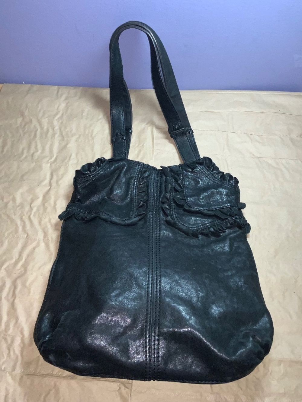 Lucky Rockin Ruffle Bag Black Lamb Leather Shoulder Tote Floral Lining Vintage